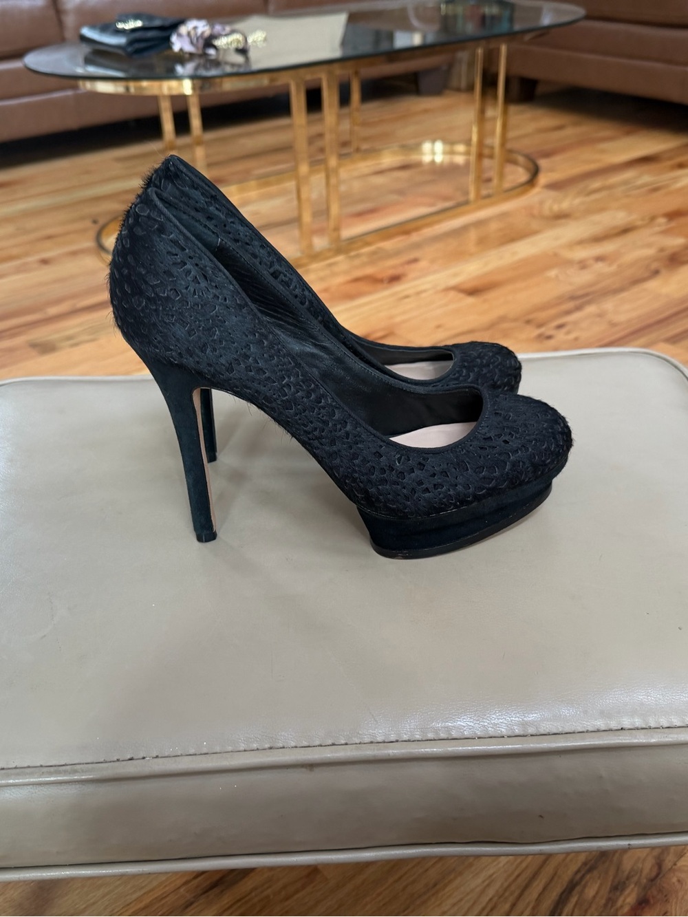 BCBGMaxAzria Black Lace Pony Hair Platform Stiletto Pumps